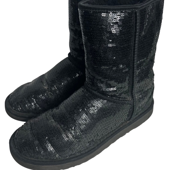 UGG Australia Classic Short Boots Sz 8 Black Sequin Sparkle Y2K Sheepskin - Picture 5 of 12